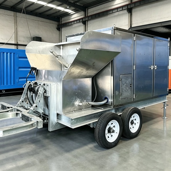 Trailer mounted automatic wheelie bin cleaning machine, mobile high pressure waste bin washer