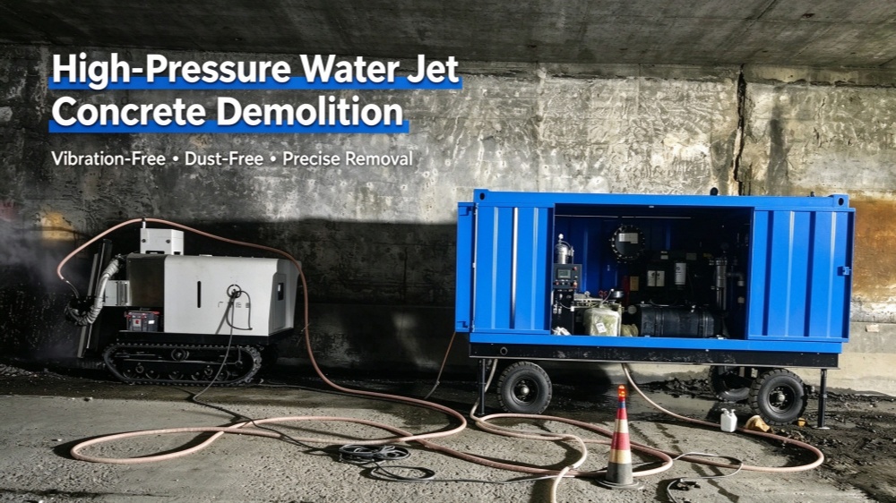 High pressure water jet concrete demolition robot system, containerized ultra high pressure pump set in tunnel